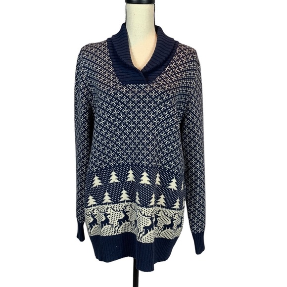 Coldwater Creek Sweaters - Coldwater Creek Shawl Collar Winter Theme Sweater - Blue / White - size Large